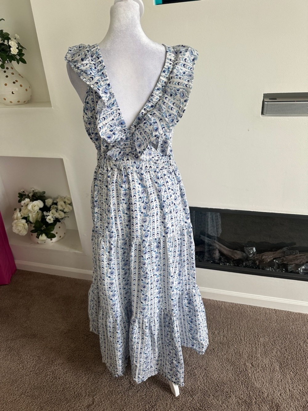 Sleeveless Blue & White Ruffle Maxi Dress - Picture 3 of 9